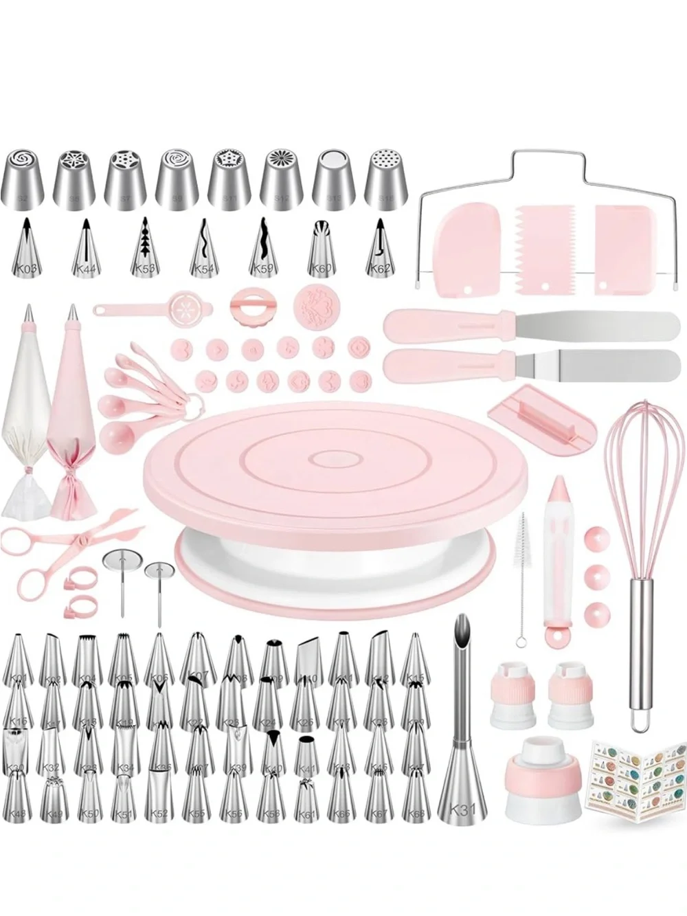 Pink Rotating Cake Decorating Turntable + 90-Piece Piping Set